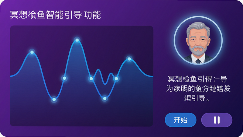 主体:冥想金鱼智能引导功能界面,布局:左侧显示呼吸波形图,右侧显示导师头像和引导文字,底部有开始/暂停按钮。排版:波形图用蓝色曲线表示,文字用白色字体,背景为渐变紫色。风格:简洁科技风,细节:波形图上有呼吸节拍点闪烁,导师头像有光环效果。画质:干净,高清。