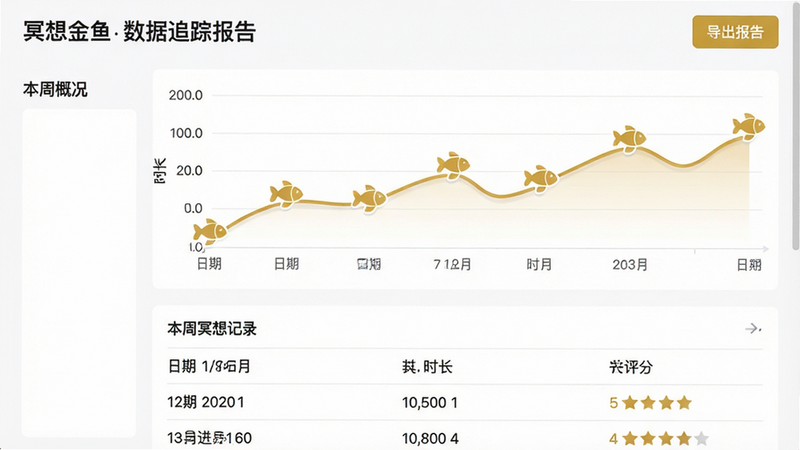 主体:冥想金鱼数据追踪报告页面,布局:上半部显示折线图,横轴日期纵轴时长,下半部列出本周冥想记录列表(日期、时长、评分)。排版:折线图用金色线条,数据点用金鱼图标标记。风格:数据可视化风格,色彩简洁。细节:最左侧有“本周概况”标题,右侧有“导出报告”按钮。画质:清晰,无杂乱元素。