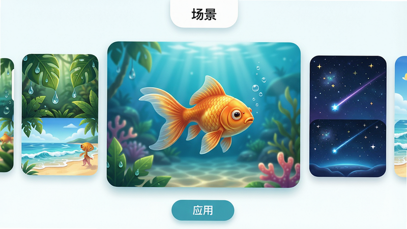 主体:冥想金鱼沉浸式场景切换界面,布局:横向滑动卡片展示雨林、海滩、星空三个场景缩略图,中央大图显示当前场景全貌,一条金鱼在场景中游动。排版:顶部导航栏有“场景”二字,底部有“应用”按钮。风格:卡通写实混合风格,色彩明亮清新。细节:雨林场景有树叶水滴,海滩有海浪波纹,星空有流星划过。画质:超清,无多余元素。