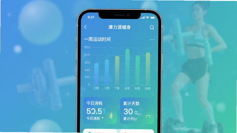 ����Դ����App������ͳ��ҳ�棬����״ͼ��ʾһ���˶�ʱ�䣬�·��С��������ġ������ۼ���������Ƭ��������⣬��ɫΪ���̽��䣬���ʸɾ����ֻ���Ļ���У����Ƽ��С�