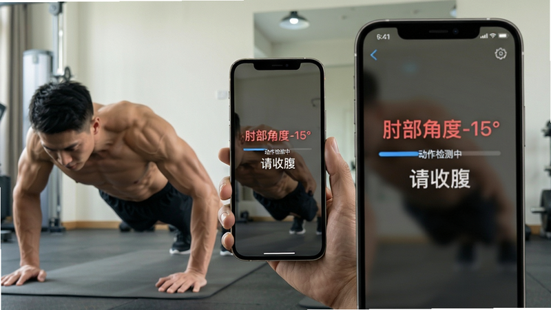 主体:一位男性正在用手机对着镜子做俯卧撑,屏幕上显示“肘部角度-15°”的红色提示和“请收腹”的文字。布局:手机屏幕居中,背景是简约的健身房环境,人物处于画面左侧。排版:采用分屏设计,左侧为真人实拍,右侧为手机界面放大图。风格:写实摄影+UI叠加,色调柔和自然。细节:手机界面上有“动作检测中”的进度条,人物手臂肌肉线条清晰。画质:高清4K,无多余杂物。