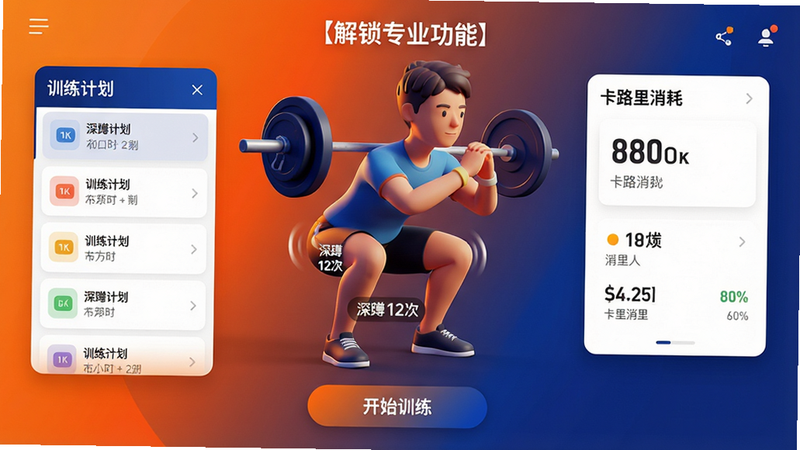 主体:健身运动【解锁专业功能】的主界面截图,布局为中心显示一个正在做深蹲的3D人物模型,左侧为训练计划列表,右侧为卡路里消耗面板。排版:采用左右对称的卡片式设计,背景为渐变的活力橙与深蓝,人物模型带有动态光影。风格:扁平化+微3D,色彩明亮干净。细节:界面底部有“开始训练”按钮,人物模型上标注了“深蹲 12次”的文字。画质:8K超清,无多余元素,干净整洁。