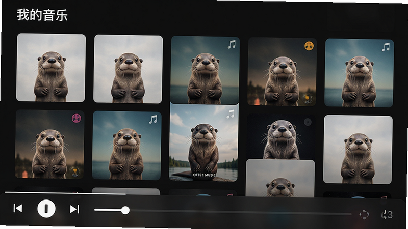 Otter Music音乐播放器主界面截图,采用深色模式,顶部显示“我的音乐”标题,中央为专辑封面瀑布流,底部固定播放控制栏,包含播放/暂停、上一曲、下一曲按钮和进度条,整体布局简洁干净,高清画质,无多余文字和图标,突出音乐内容。