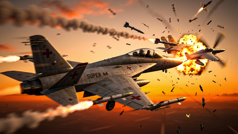 主体为 super fighter:aircraft war 空战战斗画面,战机发射导弹击中敌机爆炸,火焰与碎片飞溅,背景是夕阳下的天空,战机侧面视角,动态模糊,写实风格,高对比度,色彩饱和,细节包括导弹尾烟、爆炸火光、金属碎片,画质4K超清,无多余元素。