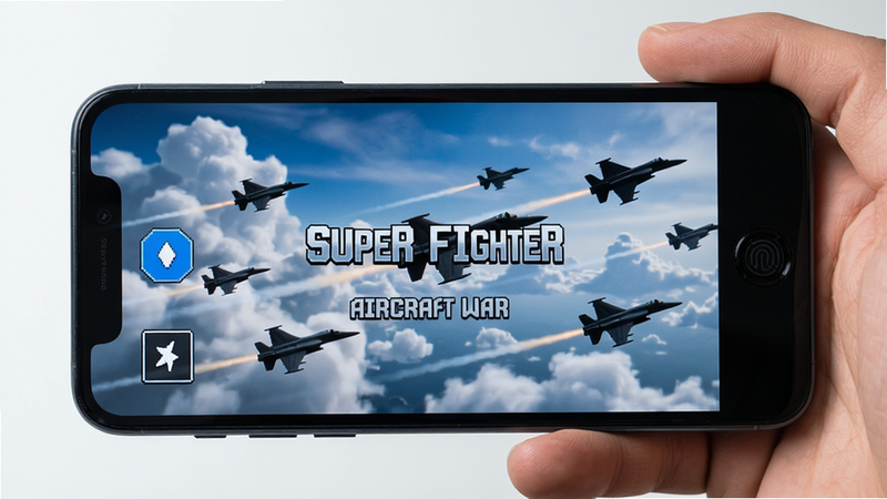主体为一部手机屏幕,显示 super fighter:aircraft war 游戏正在加载的界面,背景是云层和战机剪影,手机握在手中,屏幕亮度适中,布局居中,真实摄影风格,细节包括手机边框、指纹按键,画质高清,干净无多余元素。