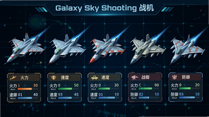 战机选择界面,五款不同造型的战机一字排开,每款下方显示火力、速度、防御属性数值卡片,背景为科技感网格,色彩明亮,排版整齐,画质锐利,无多余元素,文字标注“Galaxy Sky Shooting 战机”