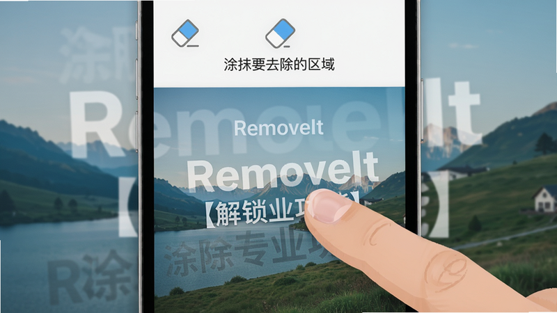一张手机屏幕截图,显示RemoveIt【解锁专业功能】应用的主界面,背景是一张带有水印的风景照片,食指正在涂抹水印区域,屏幕上方有橡皮擦图标和提示文字“涂抹要去除的区域”,界面采用简洁扁平化设计,色调清新,画质高清,无多余元素。