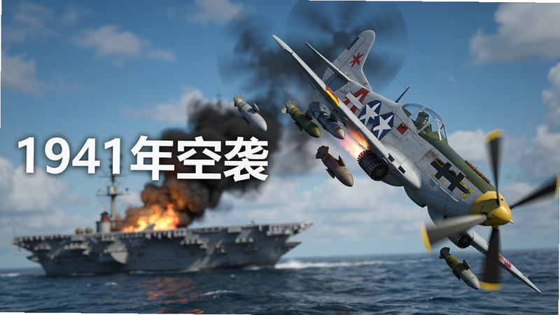 主体:一架P-51野马战斗机在蓝天白云中急速俯冲,机翼上挂载的炸弹正在脱离,背景是燃烧的航母和浓烟,画面左侧有白色艺术字“1941年空袭”,布局采用黄金比例构图,排版上飞机位于画面右侧三分之一处,风格为写实3D渲染,细节包括飞机铆钉、发动机排气管火焰、海面波纹,画质为4K超高清,干净无多余元素