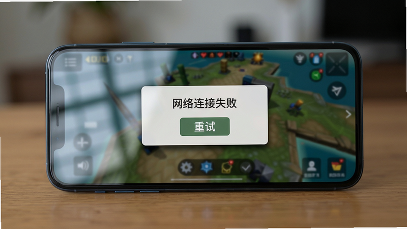 主体:一个智能手机横屏显示游戏界面,屏幕上出现“网络连接失败”提示框,旁边有“重试”按钮,手机放在木质桌面上,背景模糊,布局采用平视视角,排版上手机位于画面中央,风格为实物拍摄,细节包括屏幕反光、提示框的阴影,画质为1080P高清,干净无多余元素