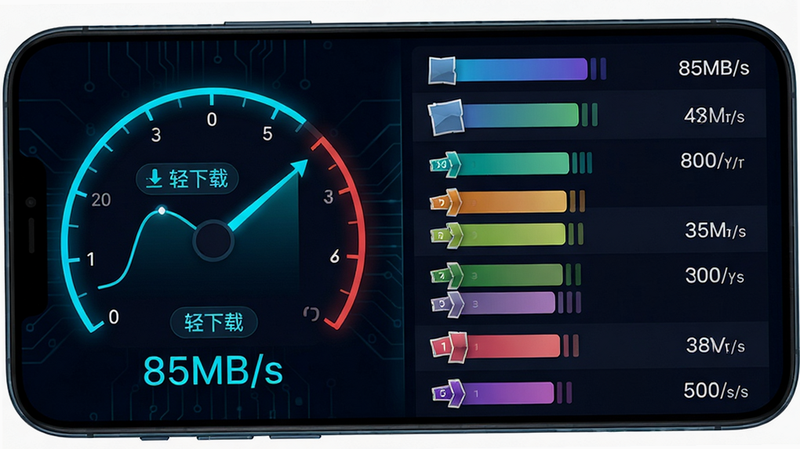 ���壺�ֻ���Ļ��ʾ�����ٶ�����ͼ����ע�������ء���־��������ʾ��85MB/s�������֣���벿��Ϊ�ٶ��Ǳ��̣��Ұ벿��Ϊ�ļ��б����Ű棺���ݿ��ӻ�����ý���ɫ��״ͼ��ʾ��ͬ�߳��ٶȡ���񣺿Ƽ��У���ɫ���������޺����⡣ϸ�ڣ�ÿһ���߳��ж�����ɫ���������ʱ��Ԥ�⾫ȷ���롣���ʣ����壬�޶���Ԫ�ء�