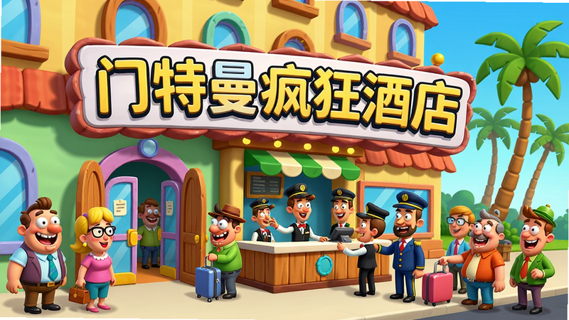 主体:门特曼疯狂酒店的游戏主界面,展示一座色彩鲜艳的卡通酒店外观,门口排着各种搞笑造型的客人。布局:前景是酒店大门和招牌“门特曼疯狂酒店”,中景是忙碌的前台服务员和行李员,背景是蓝天和棕榈树。排版:画面饱满,招牌文字突出。风格:美式卡通,明亮活泼,细节丰富,客人表情夸张。画质:高清,干净,无多余元素。