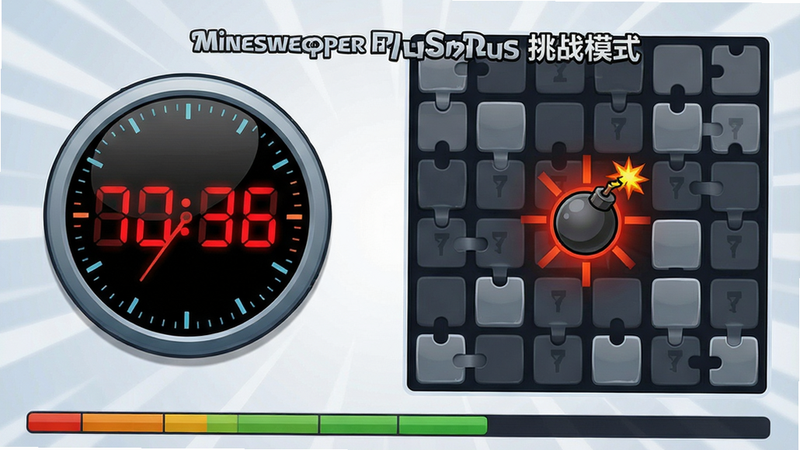 主体:挑战模式界面,左侧显示倒计时时钟,右侧雷区网格部分已翻开,中央有一枚炸弹图标闪烁警告。布局左右对称,风格动感,细节:计时器数字红色闪烁,底部进度条,画质高清,干净整洁,图片中文字为“Minesweeper Plus 挑战模式”。