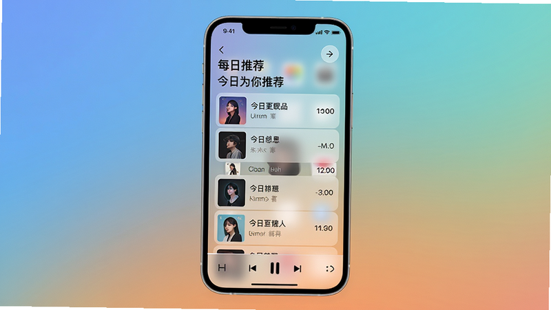 主体:手机屏幕显示“每日推荐”歌单界面,列表中有歌曲名、歌手和时长。布局:手机居中,背景为渐变色。排版:歌单标题“今日为你推荐”,列表左侧是专辑小图。风格:毛玻璃效果,现代感。细节:底部有播放控制条,右上角有更多按钮。画质:超清,背景干净。
