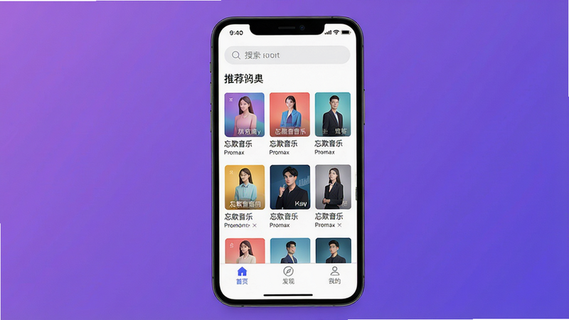 主体:一张智能手机屏幕显示忘欺音乐Promax主界面,顶部有搜索栏,中部是推荐歌单封面,底部导航栏含“首页”“发现”“我的”。布局:手机居中,背景为渐变紫色。排版:界面元素清晰,歌单封面排列整齐。风格:扁平化UI设计,色彩明亮柔和。细节:状态栏显示时间,电量图标。画质:超清渲染,干净无多余元素,文字部分标注“忘欺音乐Promax”的App名称。