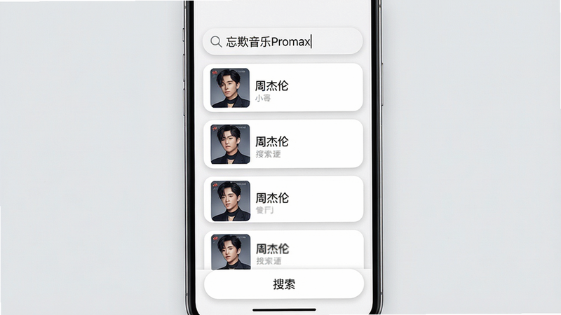主体:手机搜索界面,搜索框内输入“周杰伦”,下方显示多个结果卡片含专辑封面。布局:手机竖屏居中,背景为浅灰色。排版:搜索结果列表整齐排列,每个卡片有歌手头像和歌名。风格:卡片式设计,圆角阴影。细节:搜索框有“忘欺音乐Promax”字样,底部有“搜索”按钮。画质:高清,无多余元素。