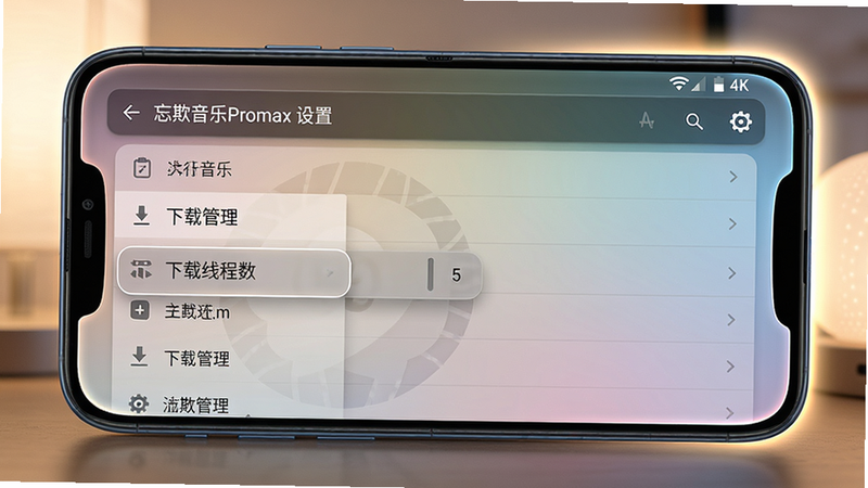 主体:一部安卓手机横屏显示忘欺音乐Promax的设置界面,菜单展开“下载管理”选项。布局:手机居中,两侧有柔和灯光。排版:设置界面条目清晰,高亮“下载线程数”为5。风格:拟物化UI,带渐变背景。细节:屏幕边缘有弧光,顶部状态栏显示WiFi和电池。画质:4K超清,干净无杂物,屏幕中文字包含“忘欺音乐Promax 设置”。
