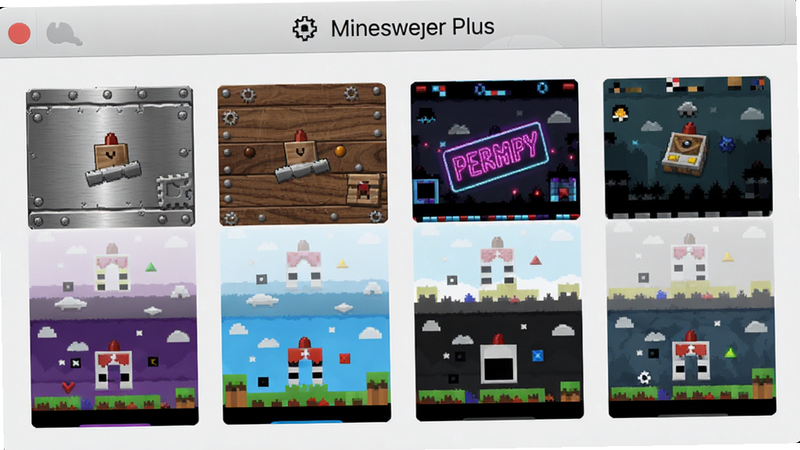 Minesweeper Plus 主题切换界面,展示多款皮肤缩略图,包括金属、木质、霓虹等风格,布局整齐,风格多样,高画质,干净背景,无多余元素