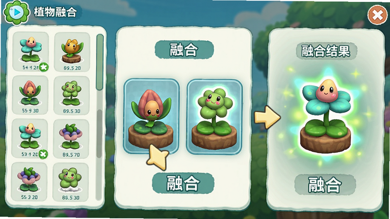 主体:游戏内植物融合界面,显示两个植物被拖入融合槽,右侧出现融合后的新植物。布局:左侧为植物图库,中央为融合区域,右侧展示融合结果。排版:简洁明了,有箭头指示。风格:卡通可爱,色彩明亮。细节:融合植物有发光效果。画质:高清,干净。
