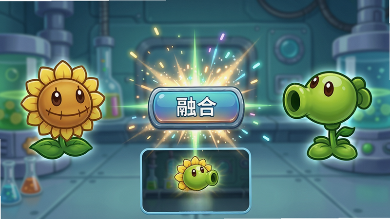 主体:游戏中的植物融合界面,左侧向日葵,右侧豌豆射手,中间一个融合按钮,下方显示融合后的效果预览。布局:左右对称,中间融合动画,背景是实验室风格。排版:植物图标清晰,融合特效炫光。风格:科技感与卡通结合。细节:融合过程有粒子光效,按钮上有