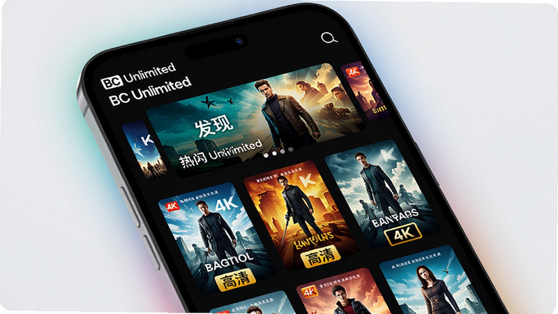手机屏幕展示BC Unlimited的“发现”页面,顶部滚动横幅推荐热门电影,下方以网格排列展示电影海报,每张海报下方有“高清”“4K”标签。整体布局清晰,色彩鲜艳,风格现代扁平。左上角有“BC Unlimited”文字标识,屏幕边缘带有微弱的发光效果。画质细腻,干净无多余元素。
