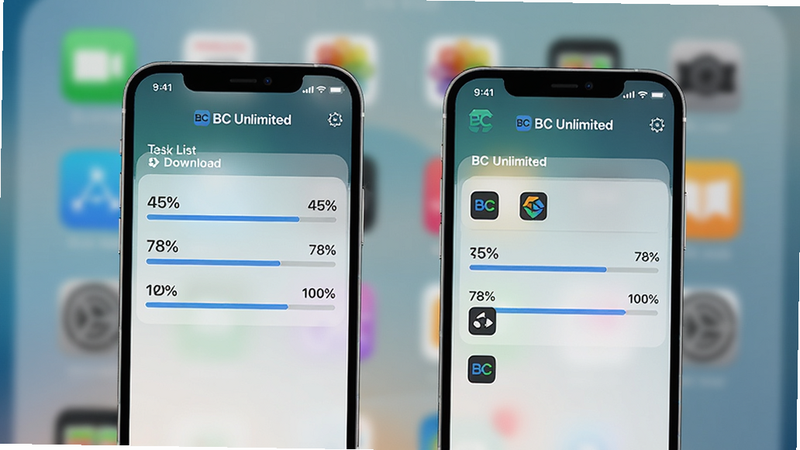 两部手机并排显示,左边手机BC Unlimited正在下载任务列表,进度条分别为45%、78%、100%,右侧手机同步显示相同的收藏夹界面。背景为毛玻璃效果,风格简约科技。两部手机屏幕均有“BC Unlimited”Logo。画质清晰,干净无多余元素。