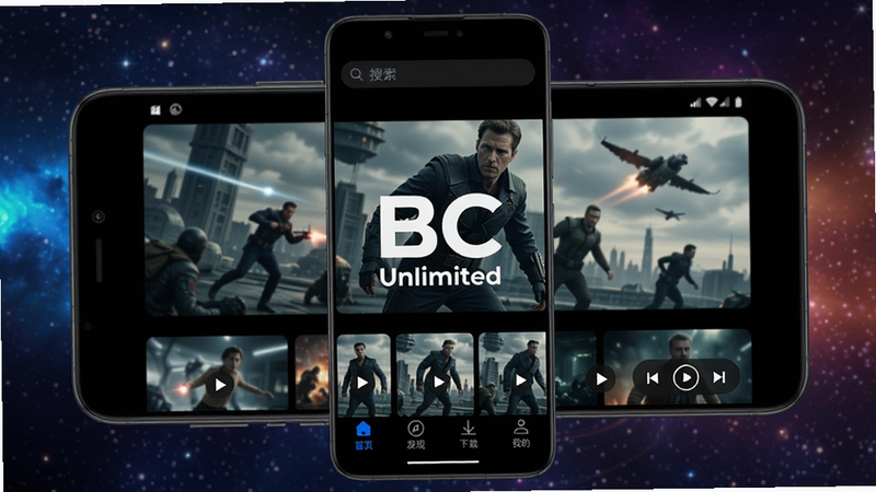 主体为一部安卓手机屏幕正中央显示“BC Unlimited” Logo,界面采用深色主题,布局由上至下依次为顶部搜索栏、中部视频封面墙、底部导航标签(首页、发现、下载、我的)。背景是渐变宇宙星空,风格科技炫酷。手机屏幕内播放一部动作电影,画面清晰锐利,右下角悬浮播放控制按钮。整体画质4K高清,干净无多余元素,光影层次丰富。
