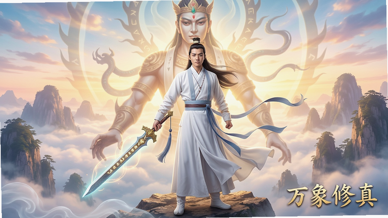 主体:一名白衣修士站在云雾缭绕的山巅,手持发光长剑,身后有巨大法相。布局:人物居中,背景为仙山与霞光。排版:饱满构图,人物突出。风格:国风仙侠,色彩明亮,光影柔和。细节:衣服飘带细节,剑身符文发光,云雾半透明。画质:4K超清,干净无多余元素。图片中打文字“万象修真”。
