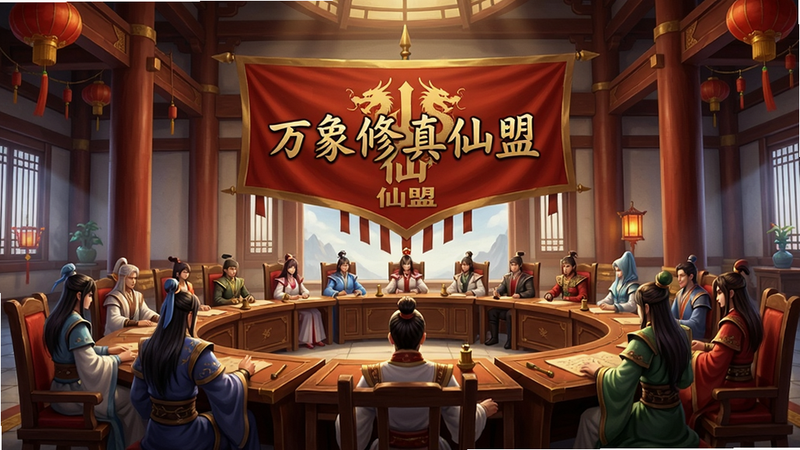 主体:仙盟大厅场景,多名玩家角色围坐议事,背景有巨大仙盟旗帜。布局:大厅内景,人物呈半圆形分布。排版:层次分明,旗帜居中上方。风格:古风建筑,喜庆氛围。细节:人物服装各异,旗帜有龙纹。画质:超清,无多余元素。图片中打文字“万象修真仙盟”。