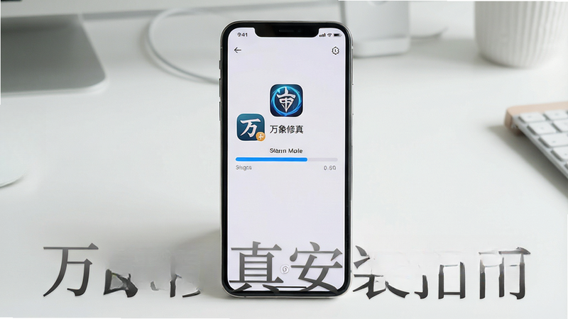 主体:手机屏幕显示游戏安装进度条,背景为清爽的桌面。布局:手机居中,屏幕内显示安装界面。排版:简洁,仅手机和桌面。风格:真实手机截图风格。细节:安装包图标为“万象修真”,进度条蓝色。画质:高清,干净无多余元素。图片中打文字“万象修真安装指南”。