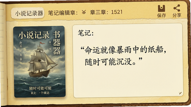 主体:小说记录器的笔记编辑界面,左侧是书籍封面,右侧是输入框,里面有一段带引号的摘抄文字:“命运就像暴雨中的纸船,随时可能沉没。”;布局:上下分栏,上栏为书名和章节,下栏为笔记正文;排版:字体为楷体,行距舒适;风格:仿纸质笔记本纹理,暖黄色调;细节:右上角有“保存”和“分享”图标;画质:细腻,无噪点。