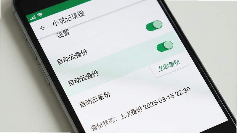 主体:手机屏幕上显示小说记录器的“设置”页面,高亮显示了“自动云备份”开关,旁边有“立即备份”按钮;布局:列表形式,每行一个设置项;排版:开关用绿色滑块表示开启;风格:Material Design风格,白色背景;细节:底部有“备份状态:上次备份 2025-03-15 22:30”;画质:清晰,无多余元素。