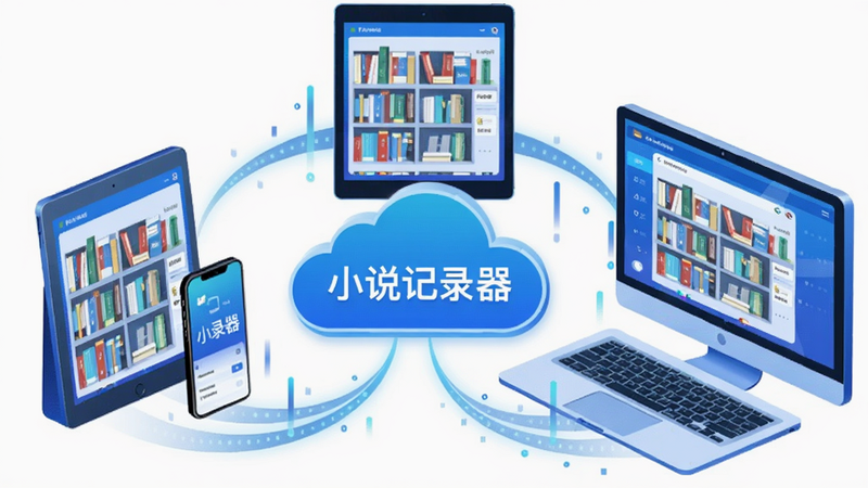 主体:三个设备(手机、平板、电脑)环绕显示,中间云朵图标上有“小说记录器”字样;布局:设备呈三角形排列,云朵居中;排版:每个设备屏幕显示相同书架界面;风格:科技感插画,蓝色为主;细节:设备间有弧形线条表示数据流动;画质:干净,无多余元素。