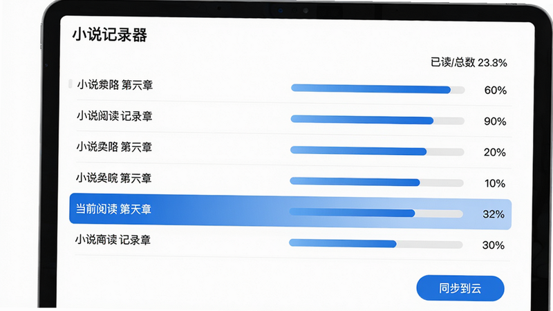 主体:“小说记录器”的进度追踪页面,显示一本书的章节列表,当前阅读章节用蓝色高亮;布局:左侧章节标题,右侧进度百分比;排版:顶部有“已读/总数”统计;风格:简洁列表式,白色背景;细节:进度条呈渐变蓝色,底部有“同步到云”按钮;画质:高清,无多余装饰。