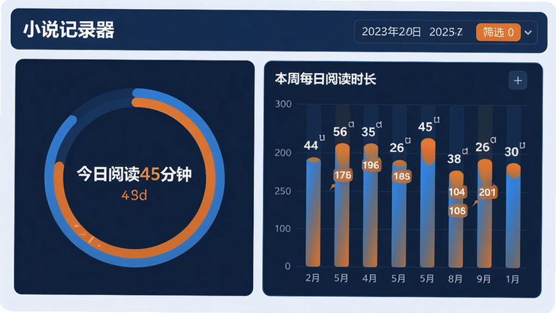 主体:小说记录器的统计看板,左侧是圆形进度图显示“今日阅读45分钟”,右侧是柱状图显示本周每日阅读时长;布局:两栏设计,顶部有日期筛选器;排版:数据标签用数字加单位;风格:数据可视化风格,蓝橙配色;细节:柱状图每根柱子顶端有具体数值;画质:清晰,无多余元素。