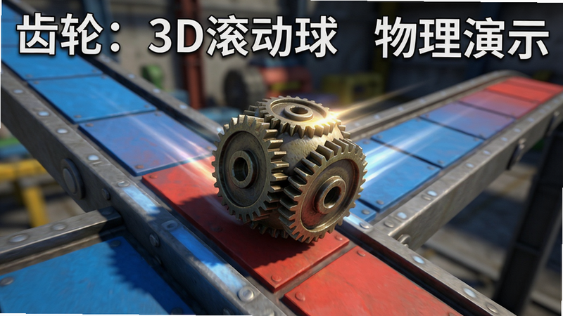 游戏画面展示齿轮球在倾斜轨道上滚动,物理效果逼真,轨道上有蓝色和红色区域,背景模糊,齿轮球表面有齿轮纹理,光影效果出色,风格写实,画质高清,干净无多余元素,图片中显示文字“齿轮:3D滚动球”物理演示。