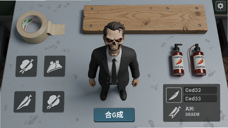 主体: 恐怖老师3D道具合成界面,工作台上放着胶带、木板和辣椒水。布局: 俯视视角,物品排列整齐。排版: 游戏UI,合成按钮。风格: 简约清晰。细节: 物品图标,合成配方。画质: 高分辨率,干净。