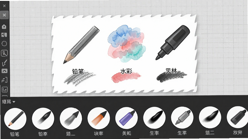 Medibang Paint 笔刷选择面板展示,界面底部展开一排圆形笔刷图标,中间是画布上不同笔触效果对比图(铅笔、水彩、马克笔),背景为浅灰色网格,文字标注“铅笔”“水彩”等,画质细腻干净
