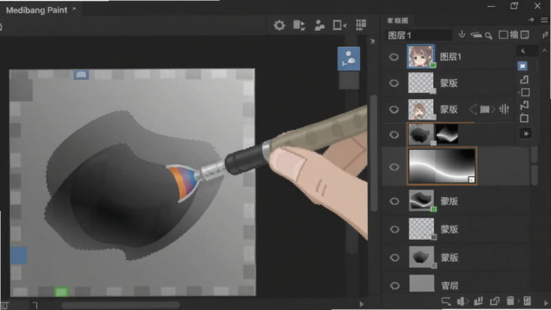 Medibang Paint 图层面板放大视图,右侧显示多个带缩略图的图层列表,其中一层为蒙版图层(黑白渐变),画布上显示正在用渐变工具绘制阴影效果,背景为深灰色,文字标注“图层1”“蒙版”等,整体干净专业