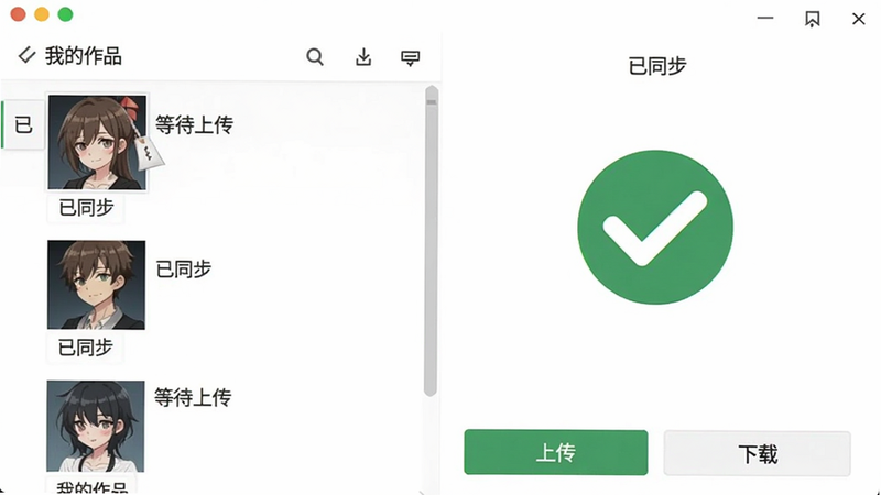 Medibang Paint 云端同步界面截图,左侧显示“我的作品”列表,右侧为同步状态图标(绿色对号),底部有“上传”“下载”按钮,背景为白色,文字标注“已同步”“等待上传”等,整体简洁干净