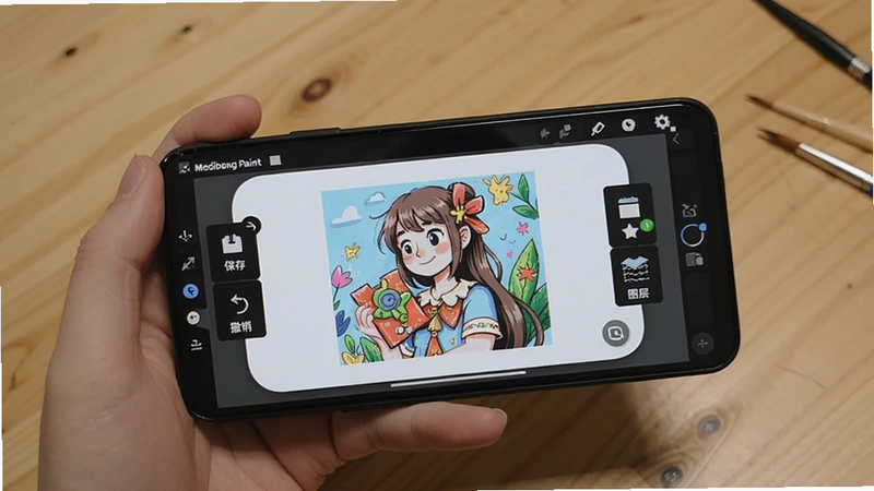 Medibang Paint 安卓手机端使用场景图,一只手拿着手机,屏幕上显示正在绘制彩色插画,画布周围有圆形工具条,背景是木质桌面,画质清晰干净,文字标注“保存”“撤销”“图层”