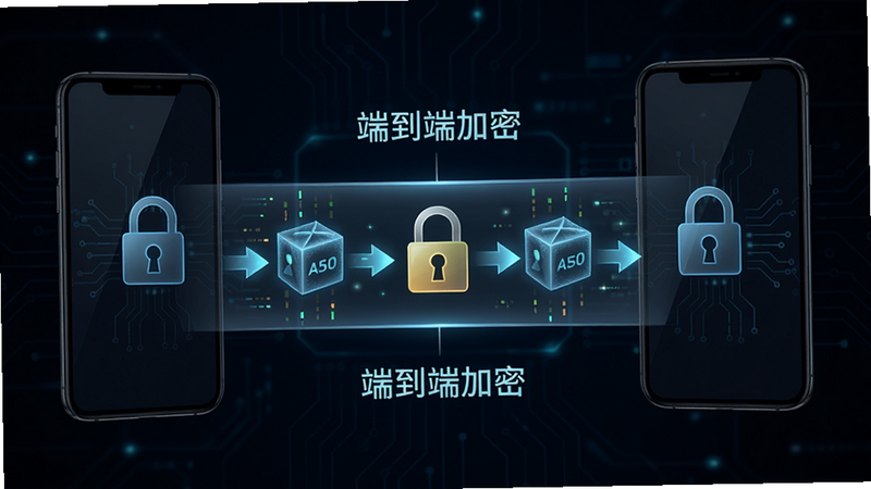 展示加密传输示意图,两部手机之间有一条带锁的加密通道,数据包在通道中传输,背景为暗色科技风,主体居中,图标锁和箭头表示加密过程,风格简约,细节包括
