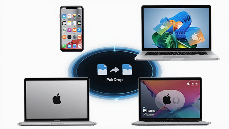 展示多设备互联场景,包括安卓手机、iPhone、Windows笔记本、MacBook四台设备环绕排列,中心显示文件传输动画,布局环形,风格未来感,细节设备型号图标和