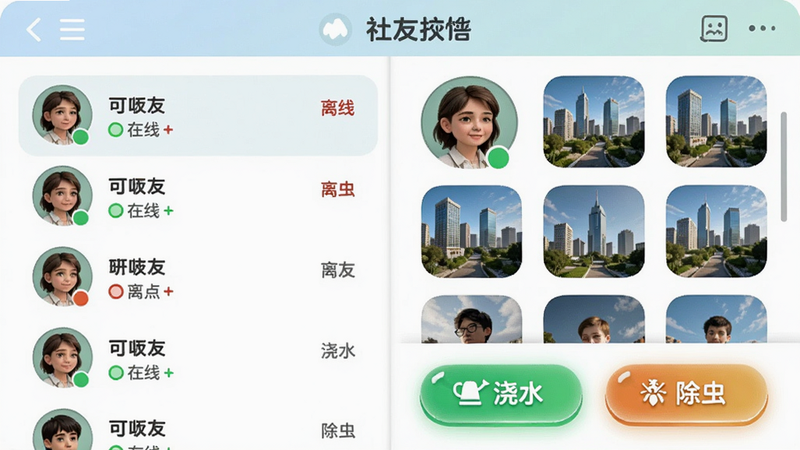 ���壺�罻�����ͼ������Ǻ����б����Ҳ��Ǻ��ѳ�������ͼ���·��С���ˮ�������桱��ť�����֣����ҷ����������е�����������¼�Լ��Բ��ͷ��ϸ�ڣ�����״̬��ʾ����/���ߣ���ť������Ч�������ʣ��������޹����š�