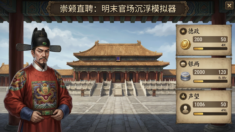一幅《崇祯直聘:明末官场沉浮模拟器》游戏主界面预览图,画面中央是明朝宫殿背景,左侧有官员角色立绘,右侧显示“德政”“银两”“声望”等数值,整体风格古朴写实,UI布局清晰,细节丰富,画质精细,干净无多余元素。
