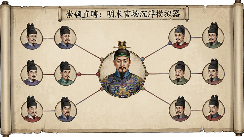 一张《崇祯直聘:明末官场沉浮模拟器》历史人物关系图,中央为崇祯皇帝,周围环绕各大臣头像,用线条连接表示派系,风格为古风卷轴,细节清晰,画质高,干净无多余元素。
