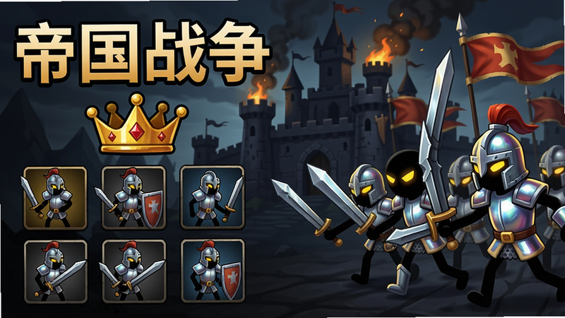 主体:火柴人战争2帝国游戏主界面,左侧排列“帝国战争”标题和金色皇冠,右侧是不同兵种的火柴人战士举剑冲锋,布局:居中构图,背景为深色城堡与烽火狼烟,排版:标题醒目位于上方,下方三列兵种图标,风格:欧美卡通渲染,细节:火柴人眼睛发光、盔甲反光、旗帜飘扬,画质:4K超清,干净无多余元素,文字标注“火柴人战争2:帝国 MOD版”