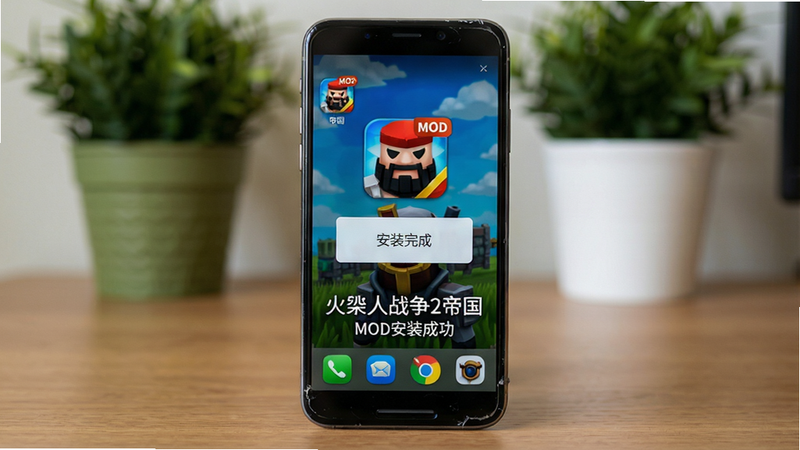 主体:手机屏幕显示火柴人战争2帝国游戏安装成功界面,桌面图标为火柴人头像带“MOD”角标,布局:手机居中放在木质桌面上,排版:屏幕显示游戏图标和“安装完成”弹窗,风格:真实摄影,细节:手机有磕碰痕迹、背景有绿植,画质:超高清,干净无多余元素,文字标注“火柴人战争2帝国 MOD安装成功”