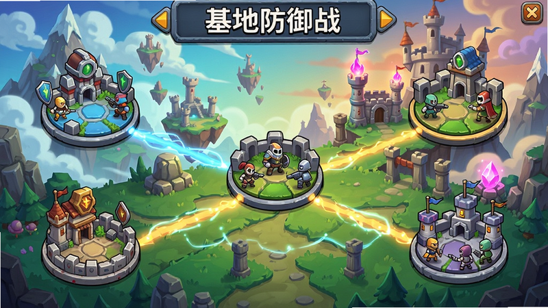 基地防御战关卡选择地图,展示多个关卡节点,背景为奇幻世界,卡通风格,色彩丰富,画面清晰