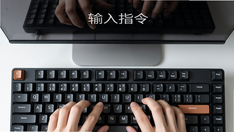 主体:手指在键盘上敲击,屏幕显示“输入指令”字样 布局:俯视角度,键盘占据下半部分,屏幕在上方 排版:干净留白,聚焦于键盘与屏幕 风格:写实摄影风 细节:键帽上字母清晰,屏幕反光 画质:4K,无多余元素