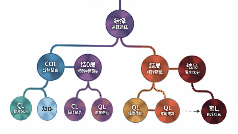 主体:一张分支剧情树状图,节点标注不同选择与结局名称 布局:从上到下树形展开 排版:线条连接圆形节点,文字清晰 风格:信息图风格 细节:节点颜色随结局善恶变化 画质:矢量高清,无多余元素
